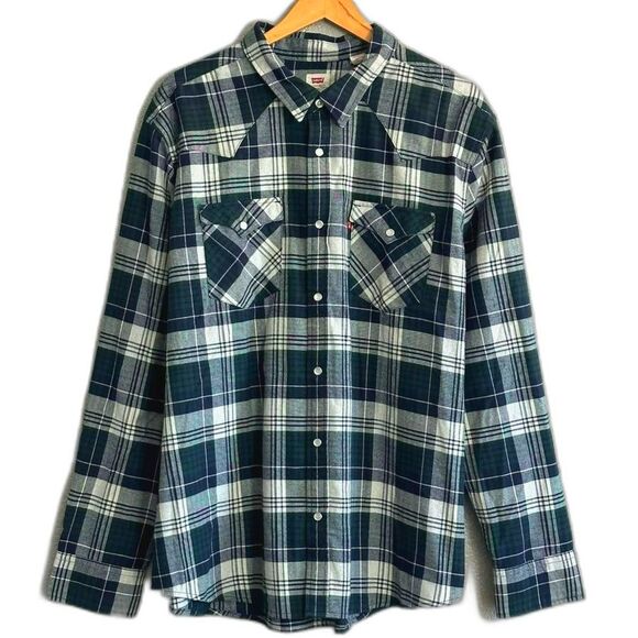 NWT Levi’s Plaid PearlSnap Shirt Button Up Long Sleeve Sz XXL Navy Grn White NEW - Picture 1 of 8